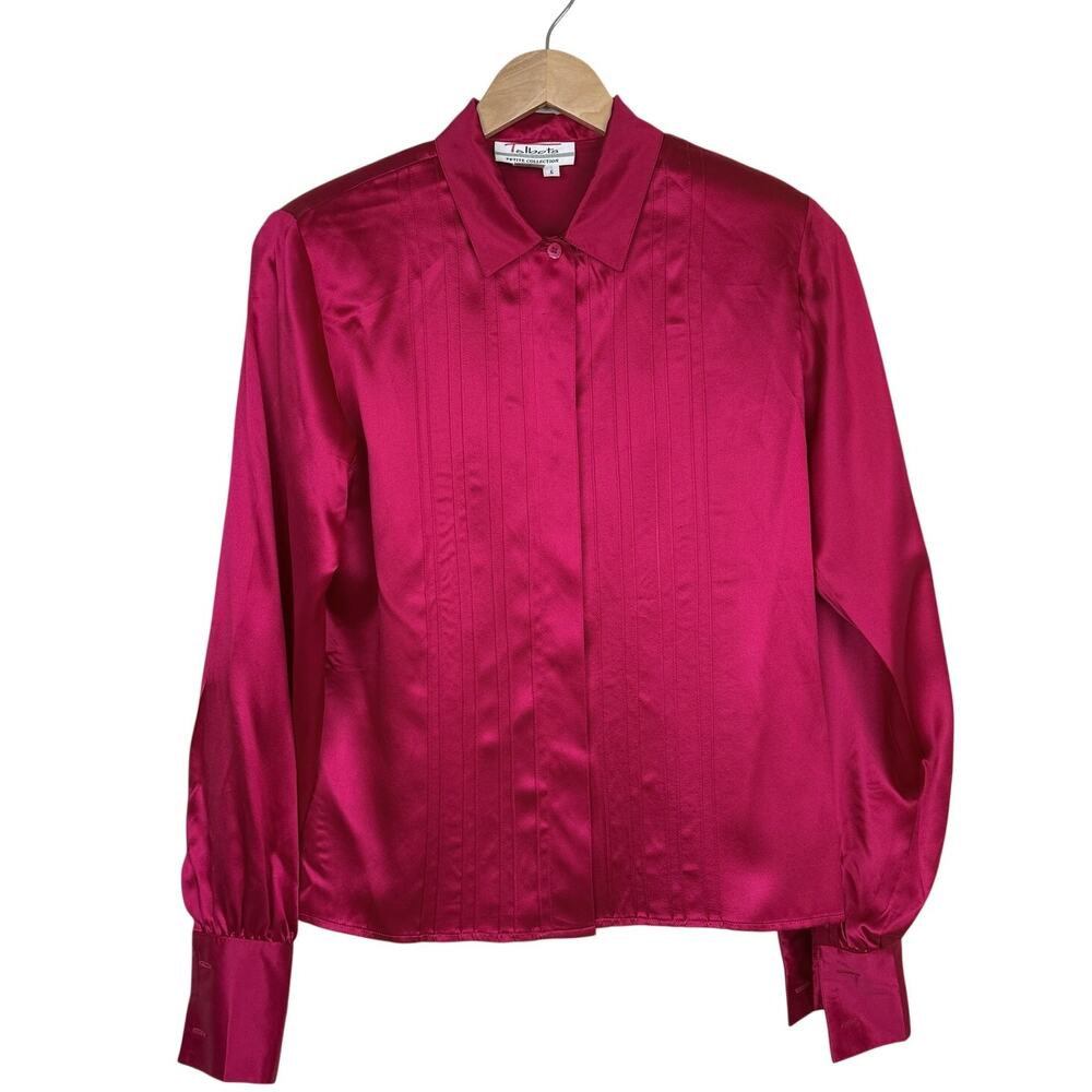 Talbots Vintage Silk Blouse Pink Satin Pintuck Button Down Petite 6 1980s